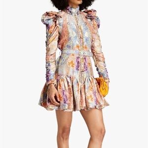 Zimmermann Gathered Floral-Print Silk-Satin Mini … - image 1